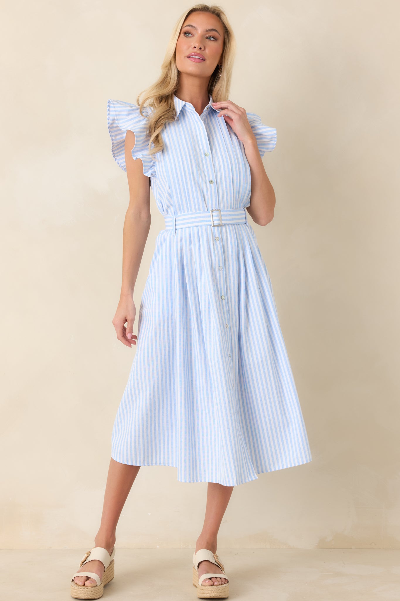 Women's Simple Statement Sky Blue and White Stripe Button Front Midi Dress | Size: L | Red Dress Women's Simple Statement Sky Blue and White Stripe Button Front Midi Dress | Size: L | Red Dress