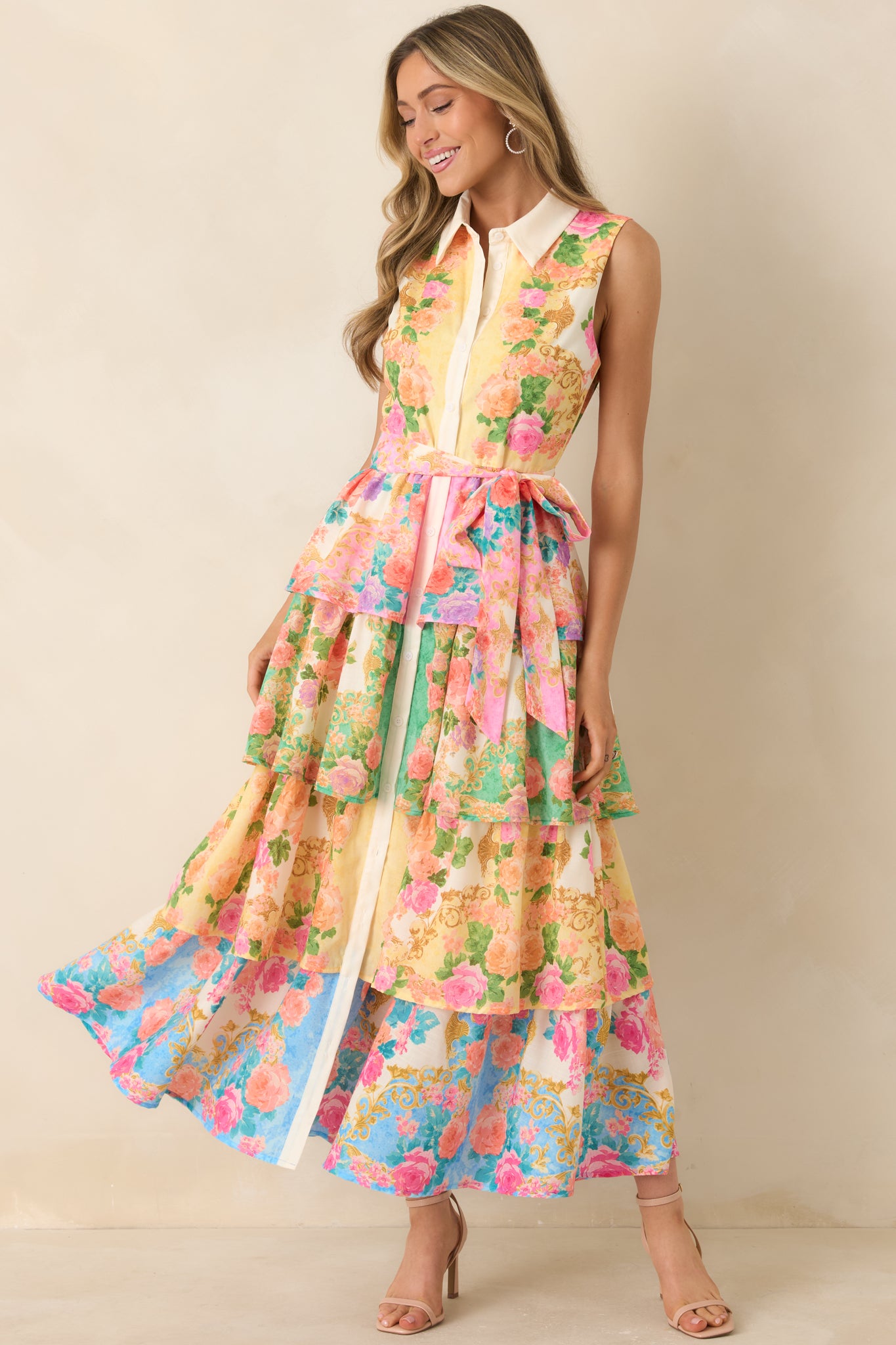Just A Little Extra Yellow Multi Floral Tiered Midi Dress Just A Little Extra Yellow Multi Floral Tiered Midi Dress