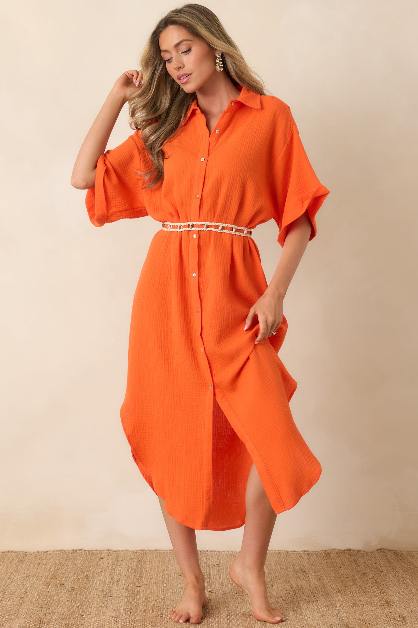 Paradisa St. Augustine Orange Cotton Belted Shirt Dress Paradisa St. Augustine Orange Cotton Belted Shirt Dress