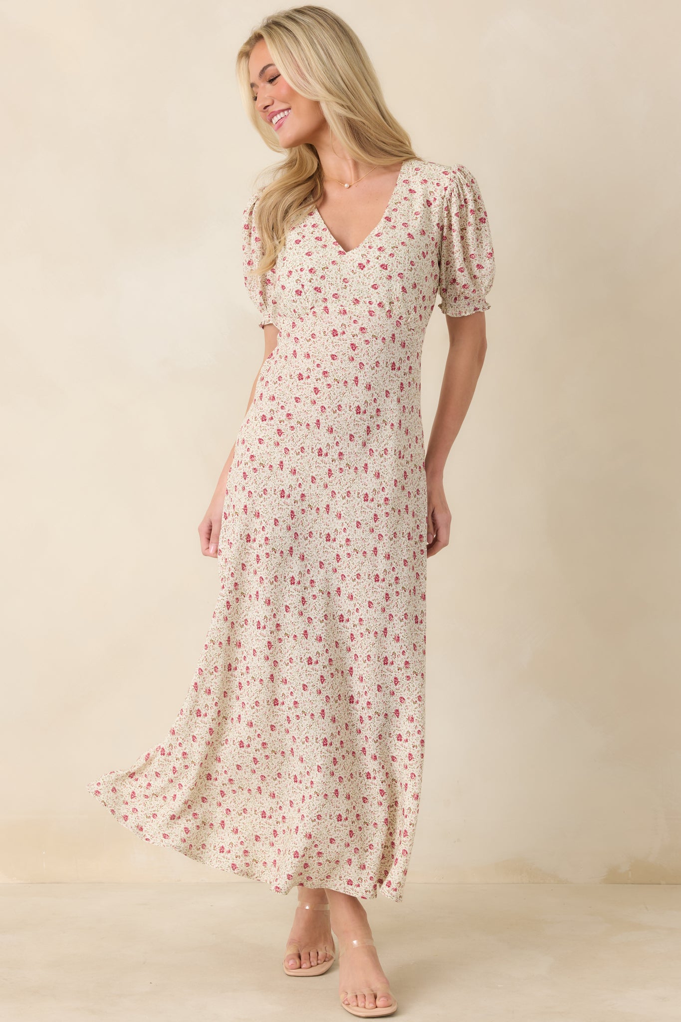 Women's Where We Belong Dusty Pink Floral Short Sleeve Maxi Dress | Color: Light Pink | Size: L