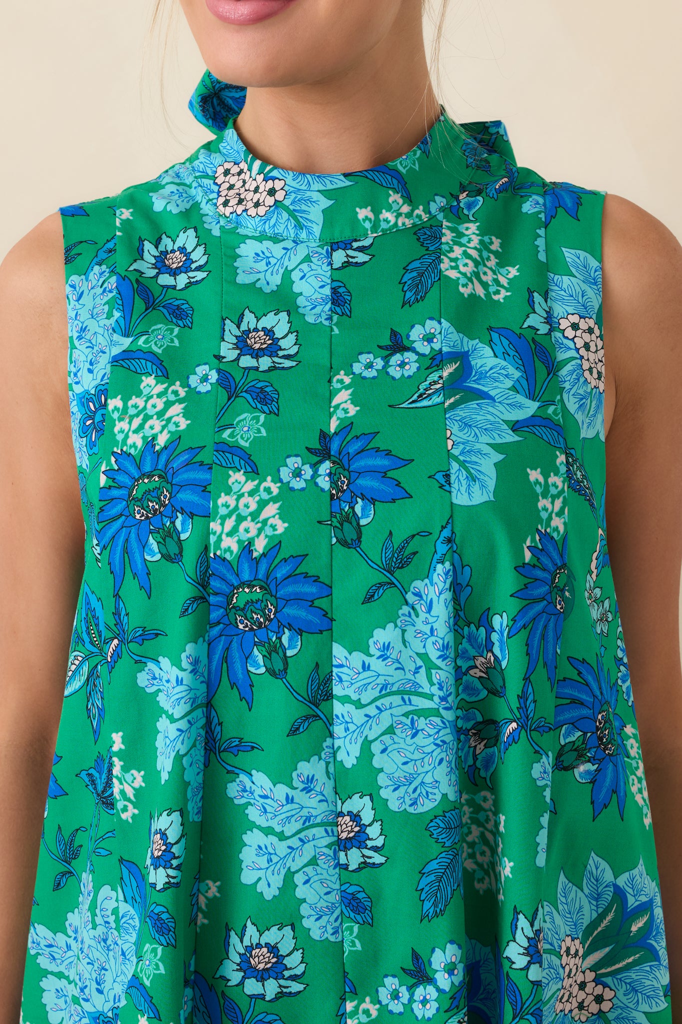 This Changes Things Green & Blue Floral Cotton Tie-Back Keyhole Maxi Dress