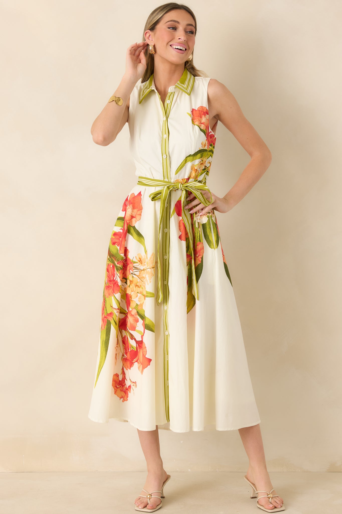 Maxi dress with green striped collar and coordinating button placket.