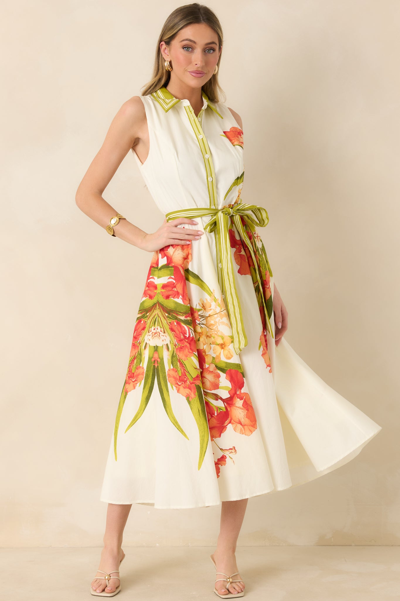 Cotton maxi dress with full button front and contrast stripe detailing.