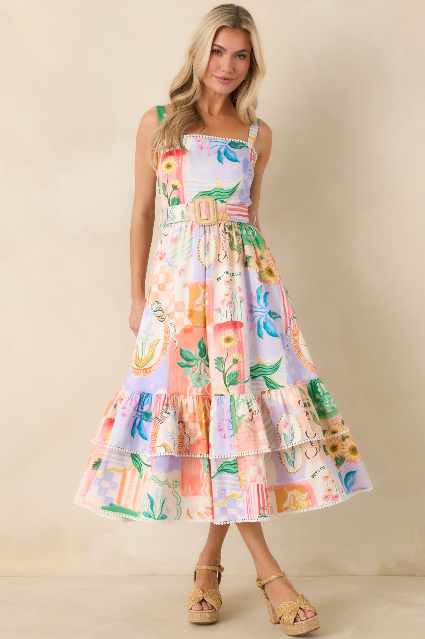 Prosperina Cassandra Peach Multi Floral Cotton Midi Dress | Red Dress