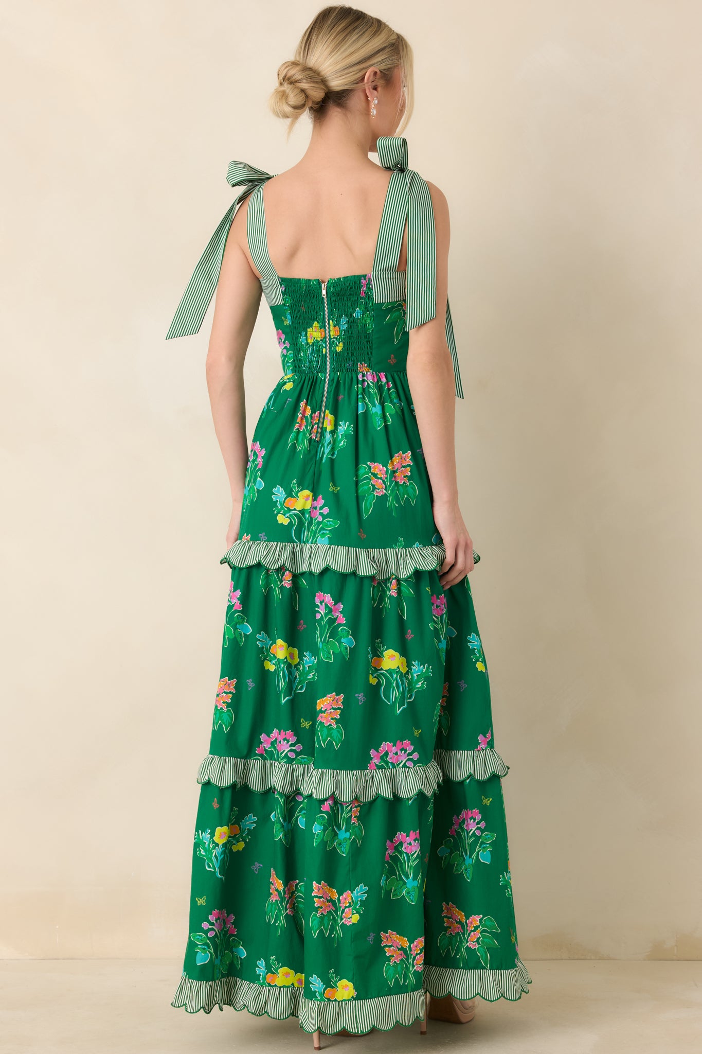 Rear view of maxi dress revealing smocked back, tiered skirt, and striped shoulder tie straps over floral print.