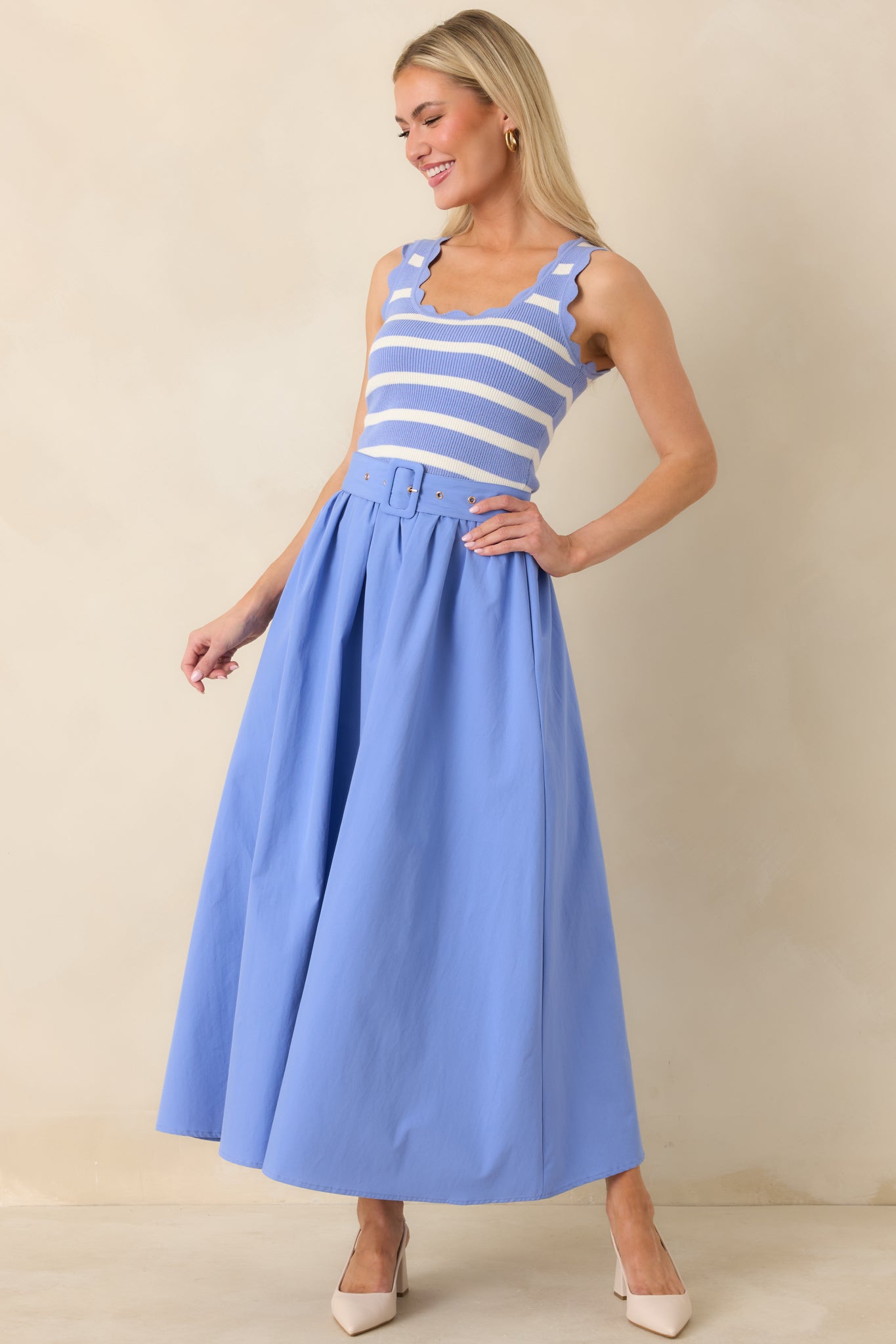Prosperina Greer Sky Blue Stripe Cotton Midi Dress Prosperina Greer Sky Blue Stripe Cotton Midi Dress