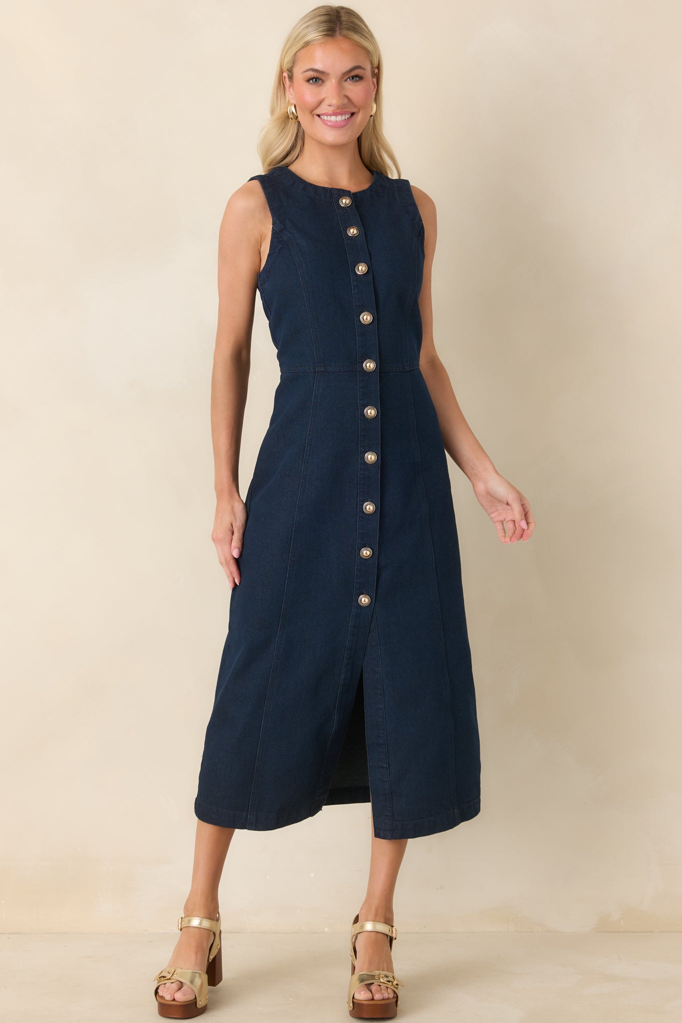Made to Command Dark Indigo Cotton Denim Button-Front Midi Dress