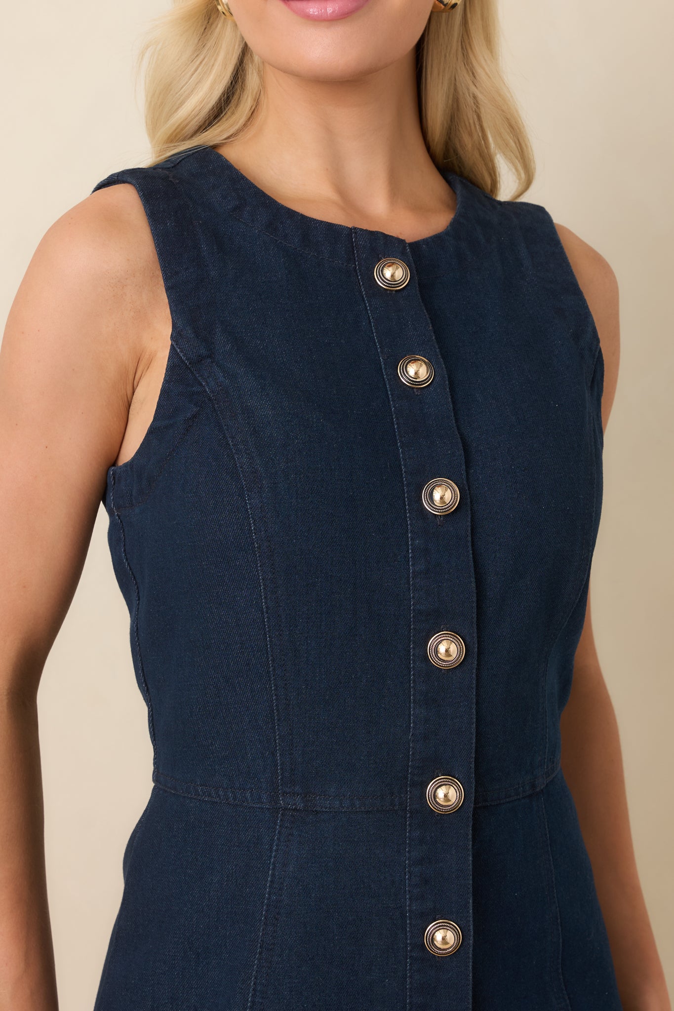 Made to Command Dark Indigo Cotton Denim Button-Front Midi Dress