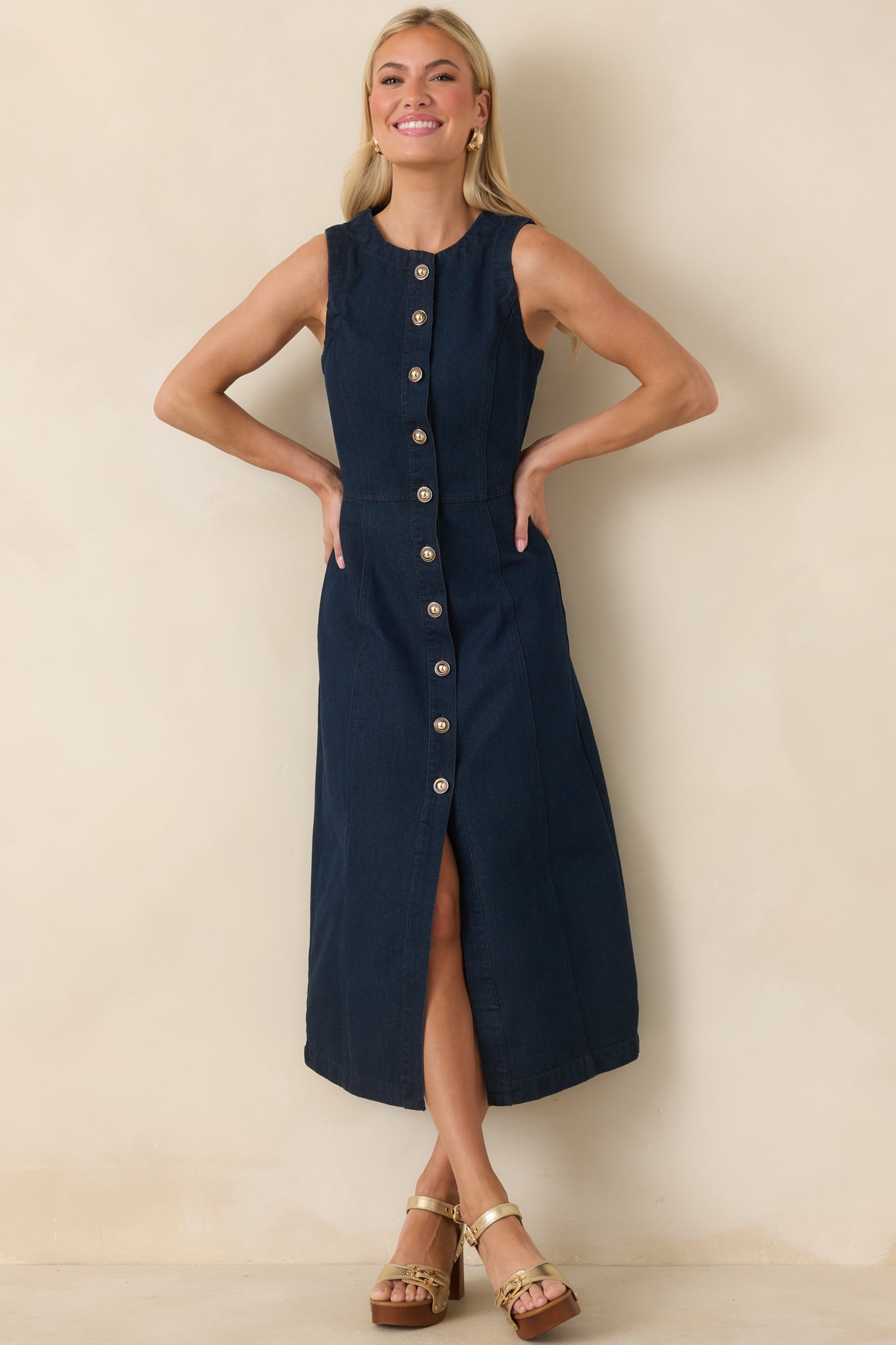 Made to Command Dark Indigo Cotton Denim Button-Front Midi Dress