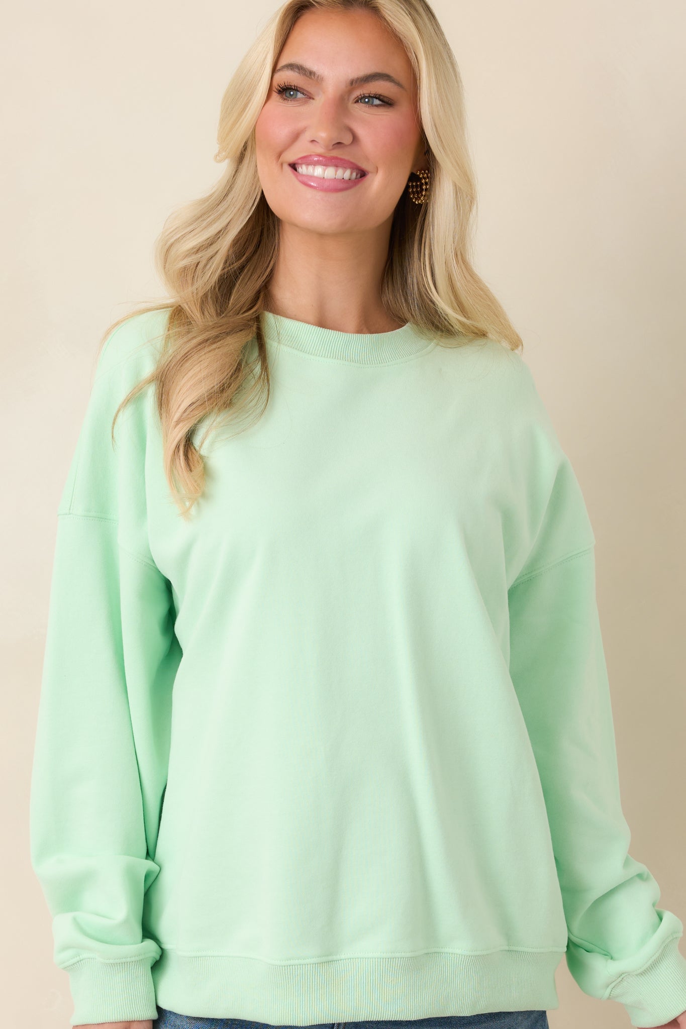 トップス C/R CREW NECK LS T-SHIRT/MINT Mint Green Crewneck Sweatshirt - All Tops | Red Dress