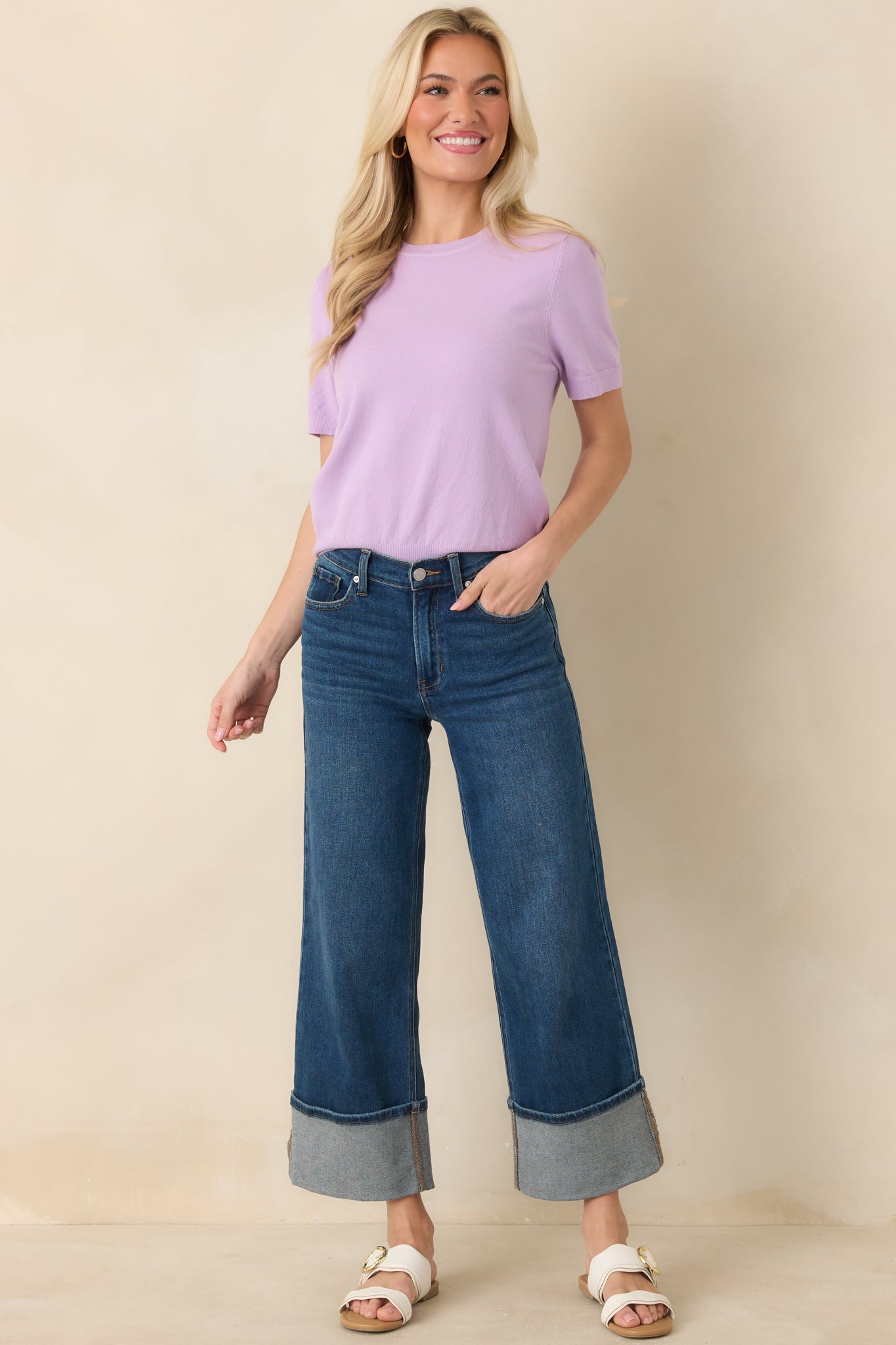 Full-length front shot of a lightweight lavender tee featuring a streamlined fit and short sleeves.