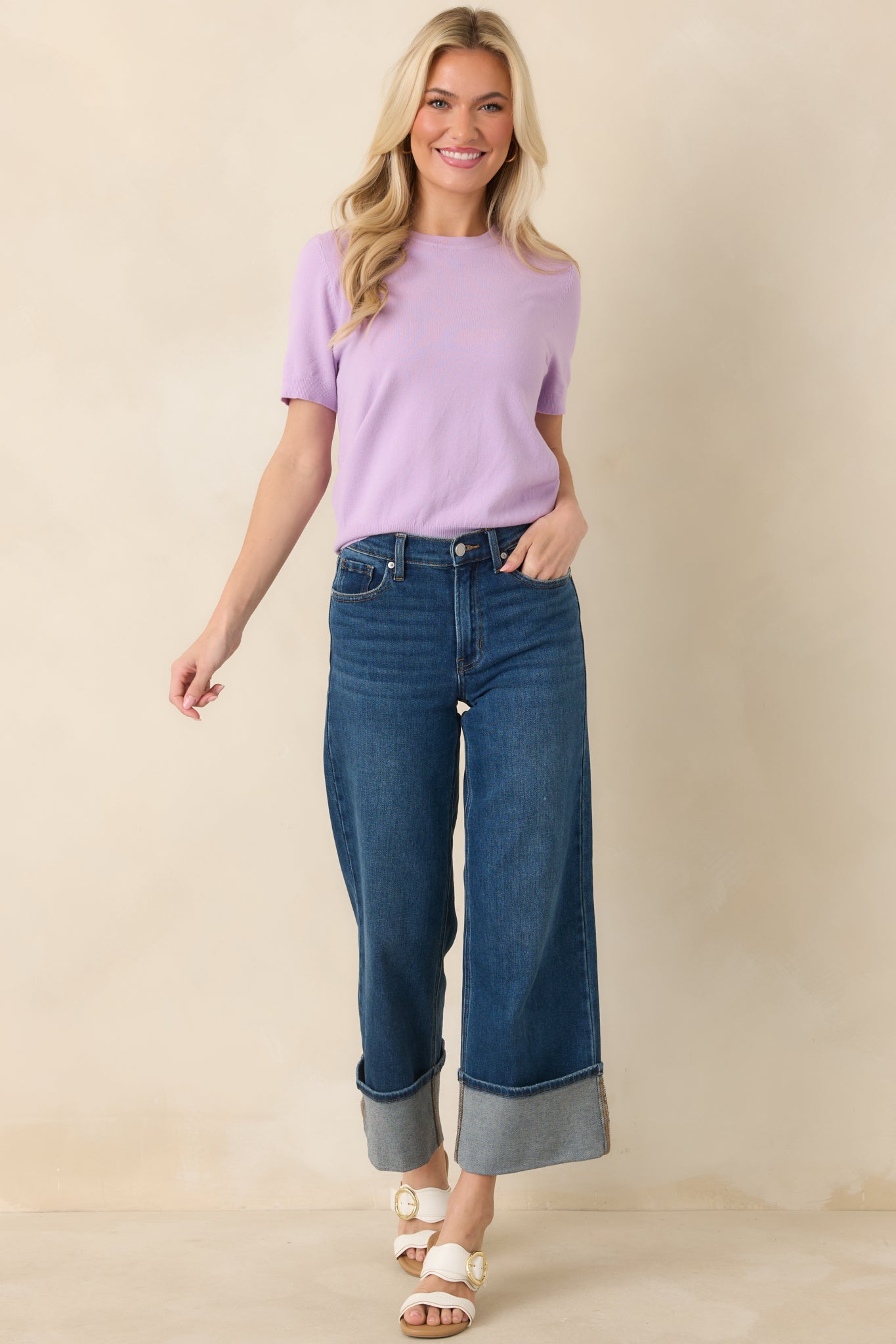 Lavender short sleeve top with a clean crew neck, shown front on with relaxed yet structured shape.