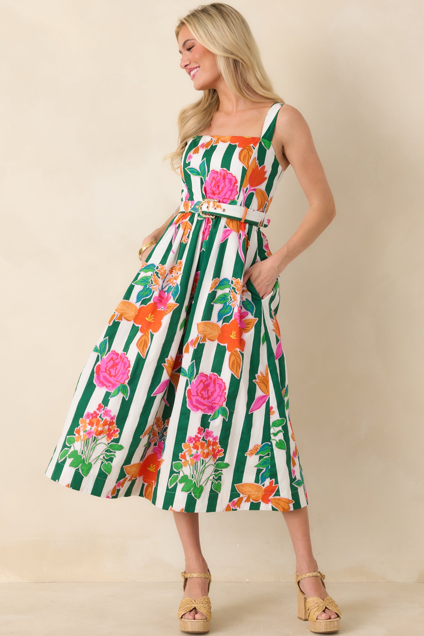 Prosperina Hampton Green Multi Floral Stripe Cotton Midi Dress
