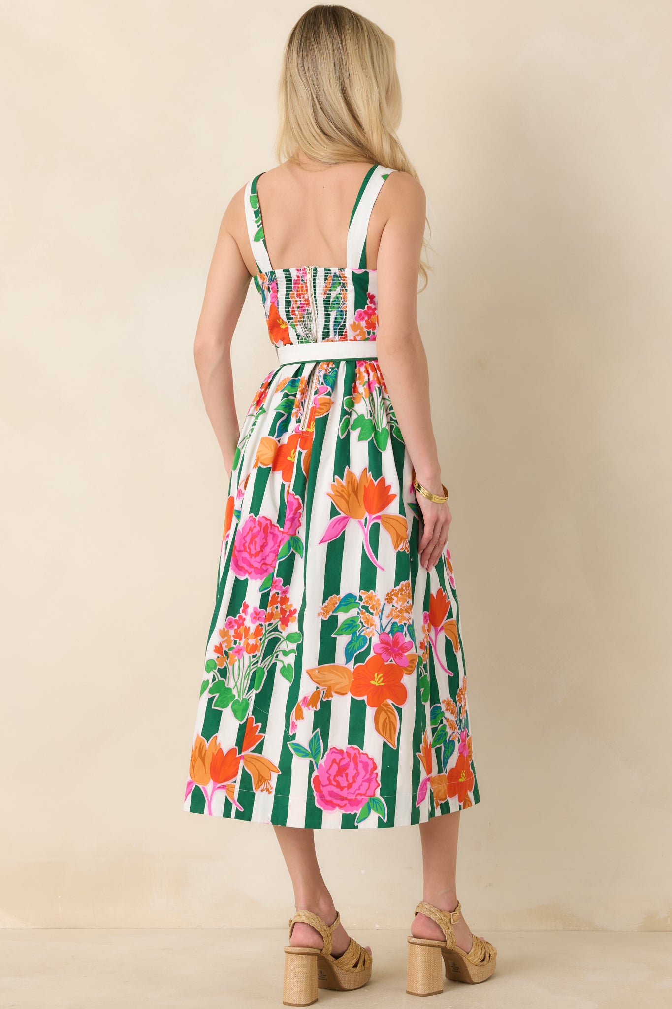 Rear view of the floral cotton midi highlighting green vertical stripes, a structured bodice, and the full skirt flowing from the defined waistline.