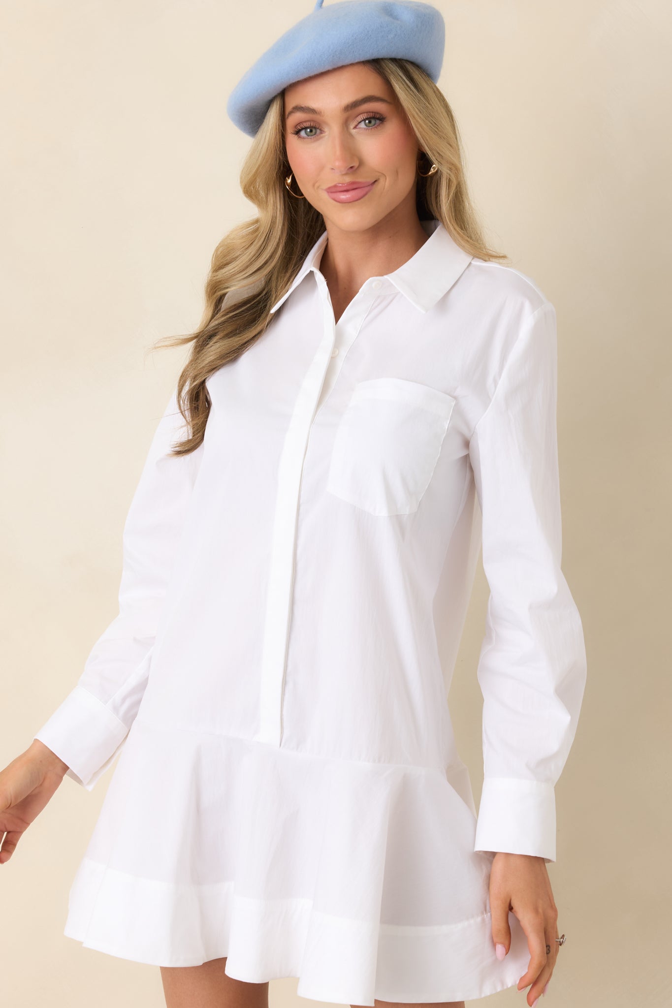 Clean Slate White Cotton Blend Shirt-Style Mini Dress