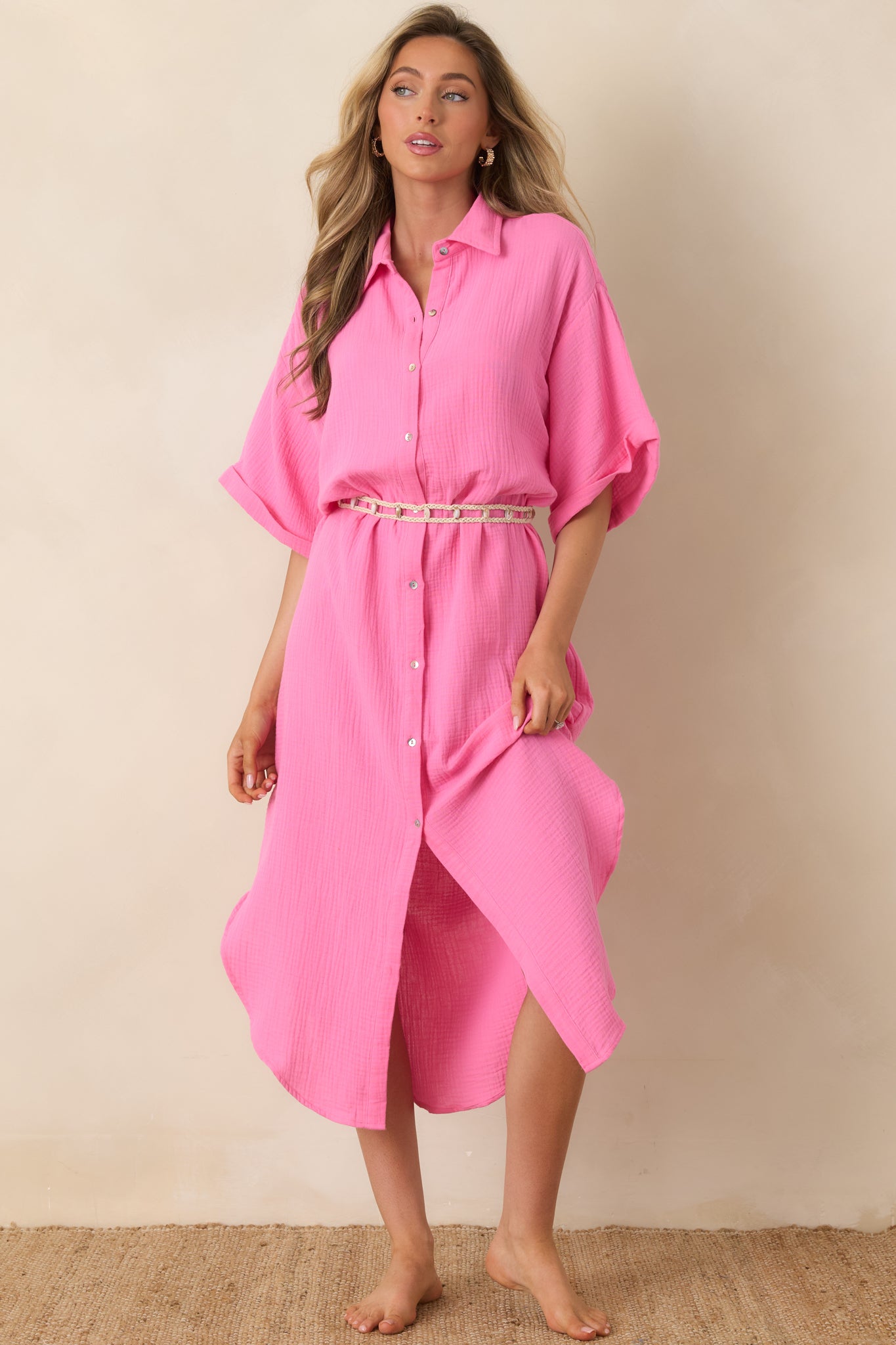 Women's Paradisa St. Augustine Pink Cotton Belted Shirt Dress | Size: Xs