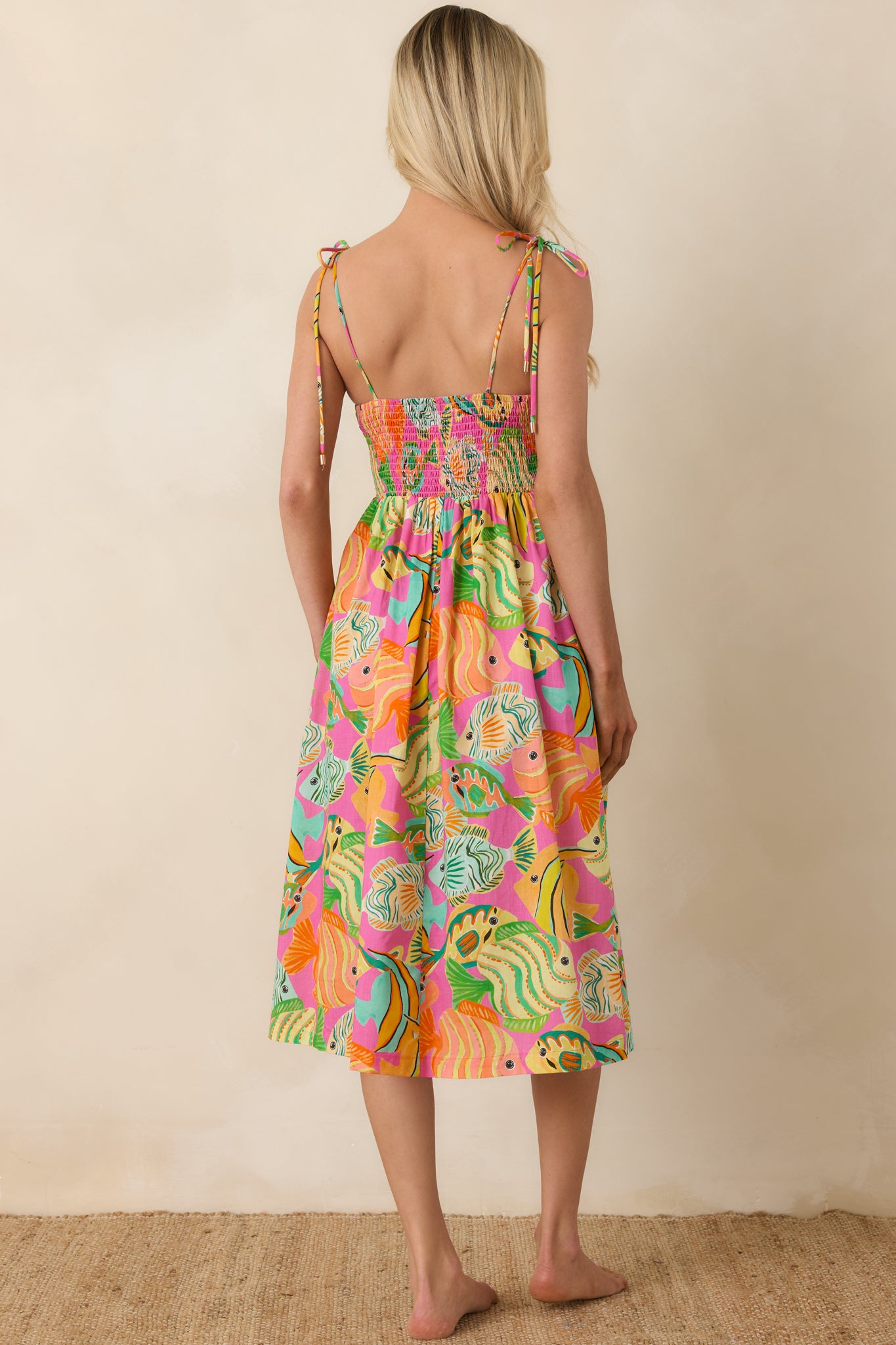 Rear view of the midi dress with adjustable straps, relaxed skirt, and colorful ocean print.