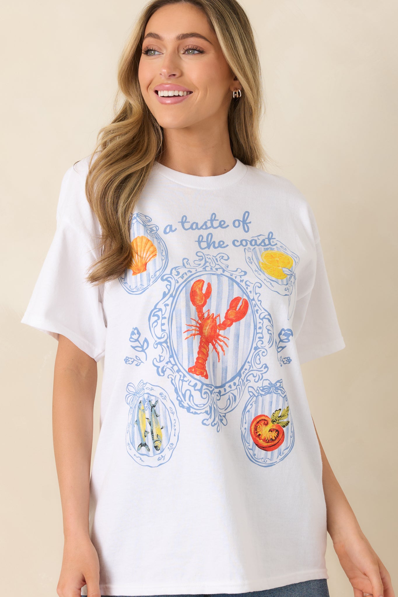 Focused look at the crew neckline and smooth cotton texture of the tee.