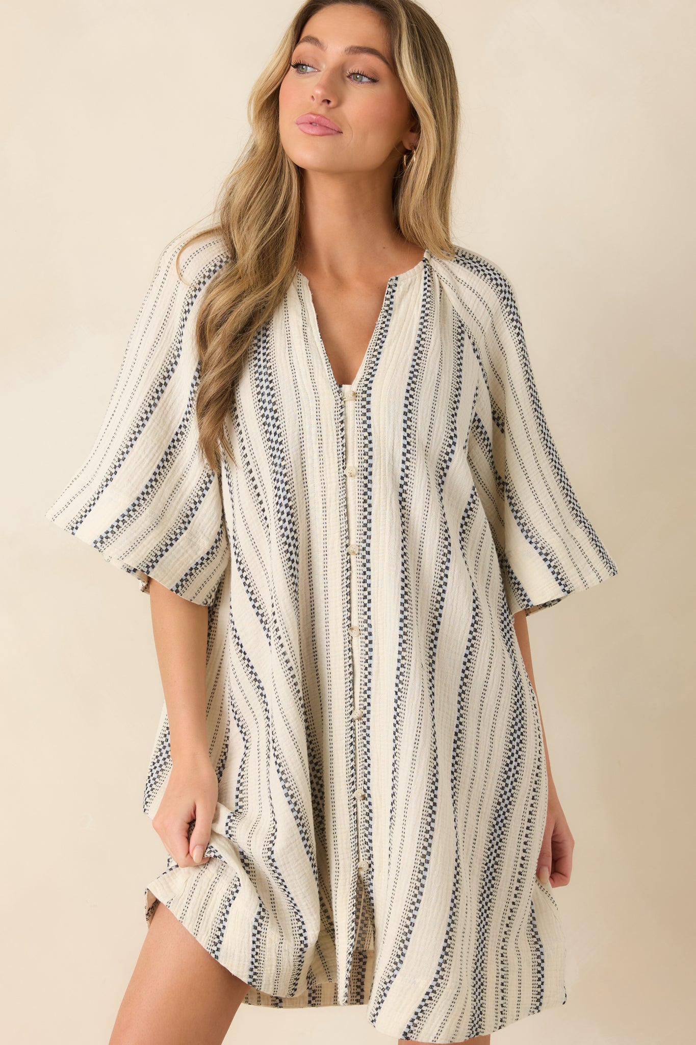 FRNCH Noronha Ivory & Black Stripe Cotton Mini Dress | Red Dress FRNCH Noronha Ivory & Black Stripe Cotton Mini Dress | Red Dress