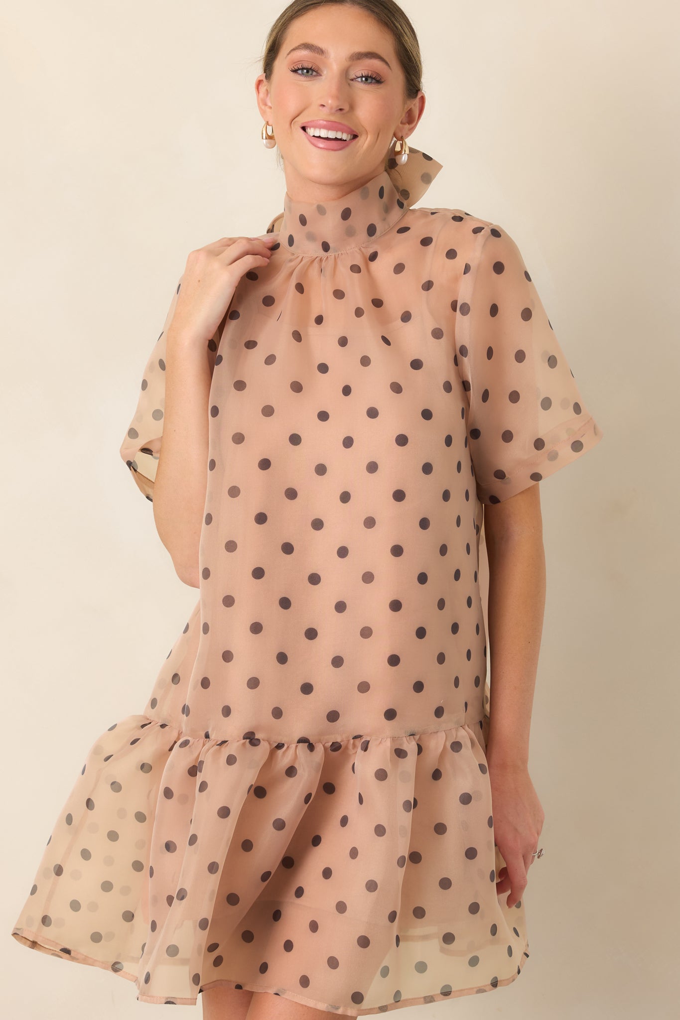 Spot On Style Beige Polka Dot Ruffle Hem Mini Dress
