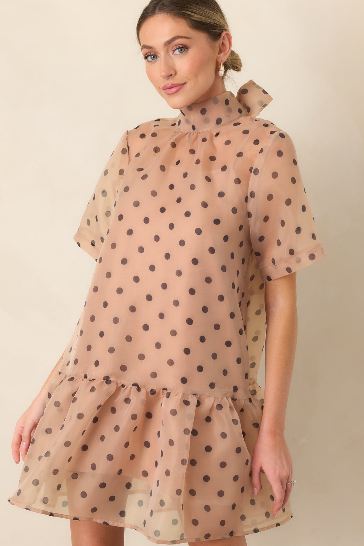 Spot On Style Beige Polka Dot Ruffle Hem Mini Dress