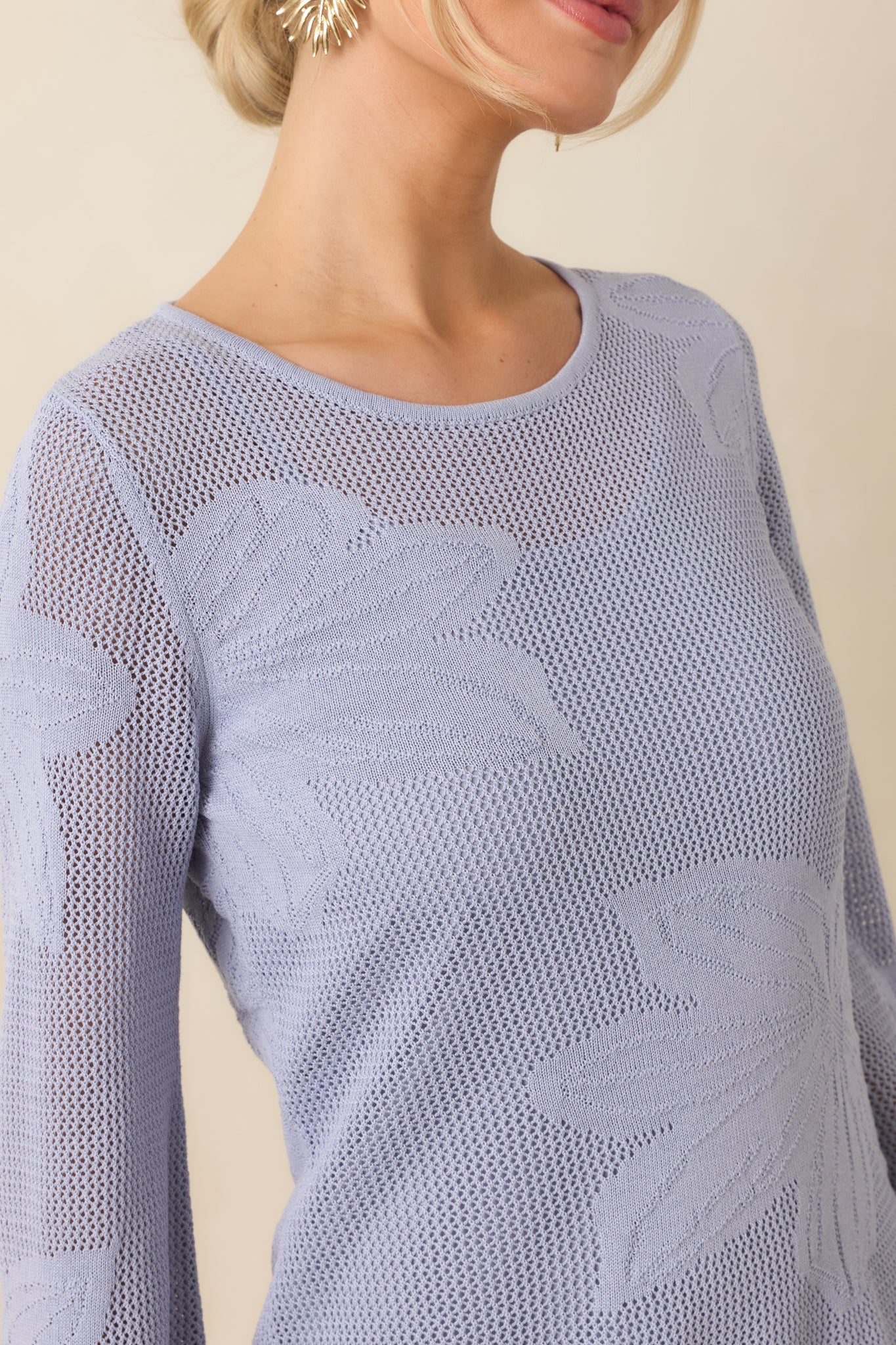 Detailed view of open knit floral texture with sheer sleeve fabric and lined base.