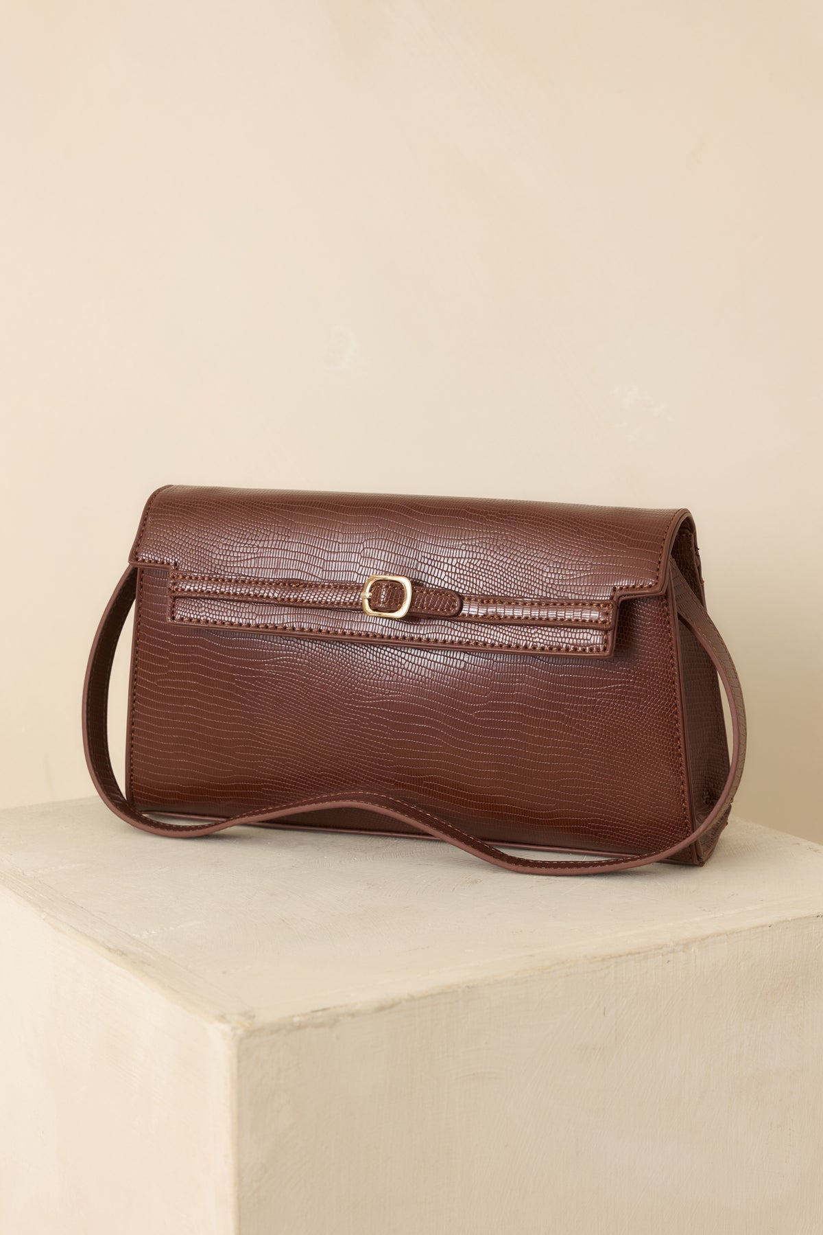 Signed And Sealed Brown Faux Leather Textured Shoulder Bag