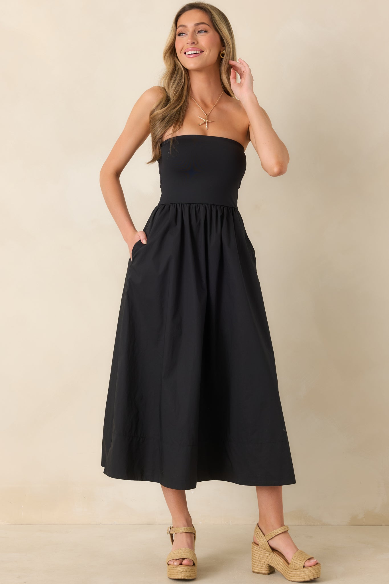 Z Supply Sunsought Black Strapless Midi Dress | Red Dress