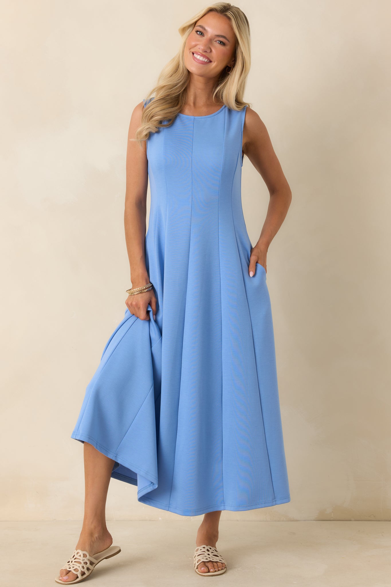 Women's Soft Landing Light Blue Paneled Sleeveless Midi Dress | Size: S