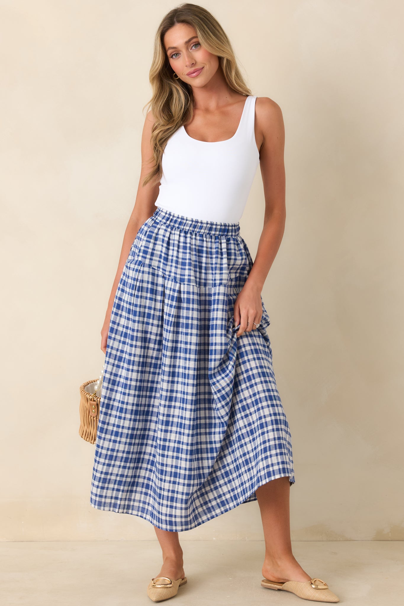 Women's THML Fresh Air Feelings Blue Gingham Midi Skirt | Size: M