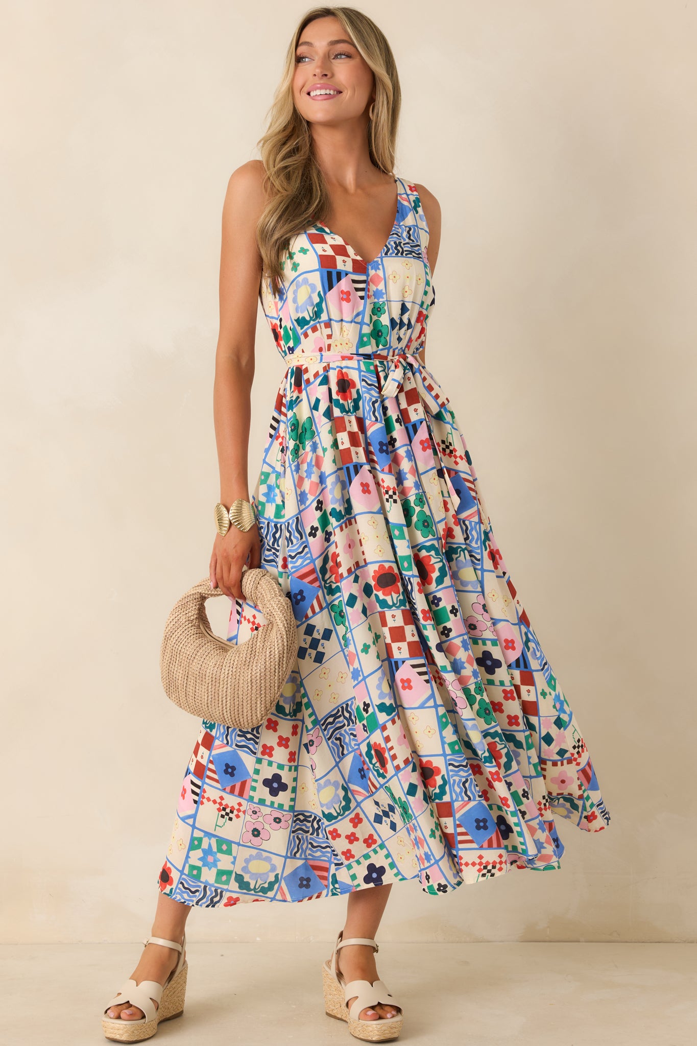 FRNCH Consordia Multi Patchwork Print Sleeveless Midi Dress