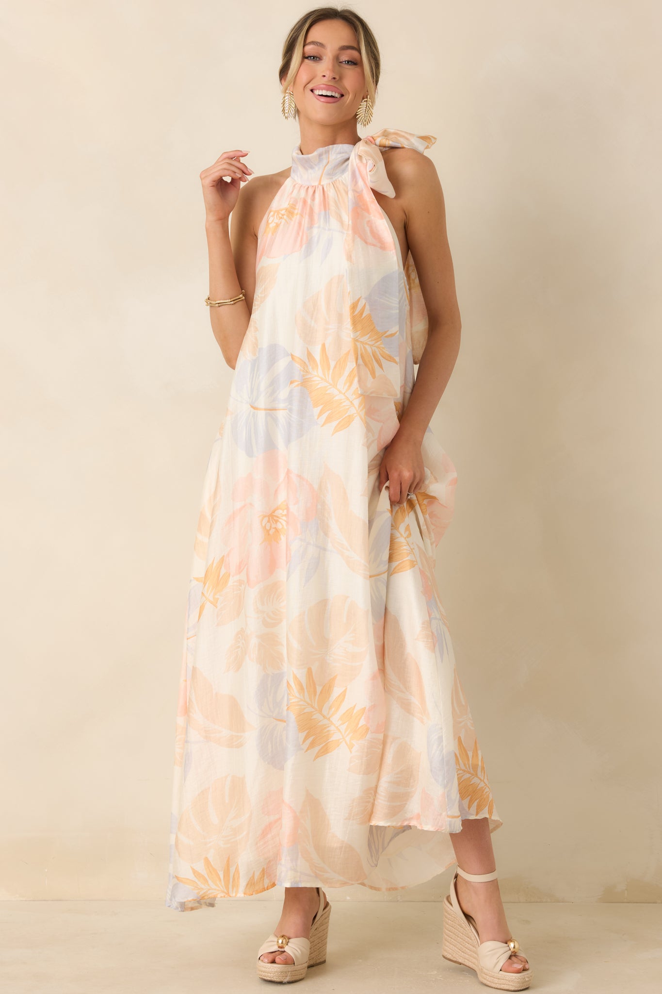 Multi-blend maxi dress featuring soft drape, gentle shimmer, and relaxed silhouette.