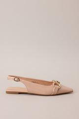 Side view of these Chic pointed-toe flats with gold hardware and adjustable heel strap.