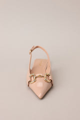 Front view of this chic pointed-toe flats with gold hardware and adjustable heel strap.