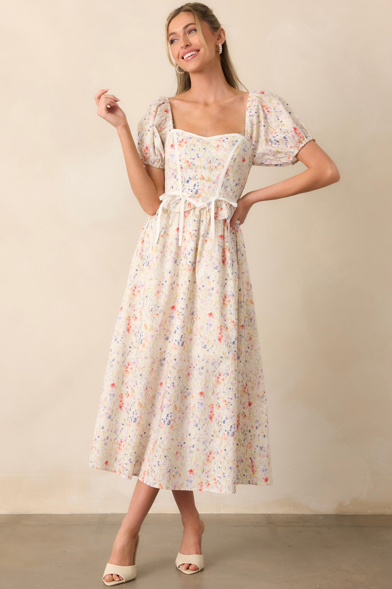 Ivory Cotton Floral Midi Dress - All Dresses