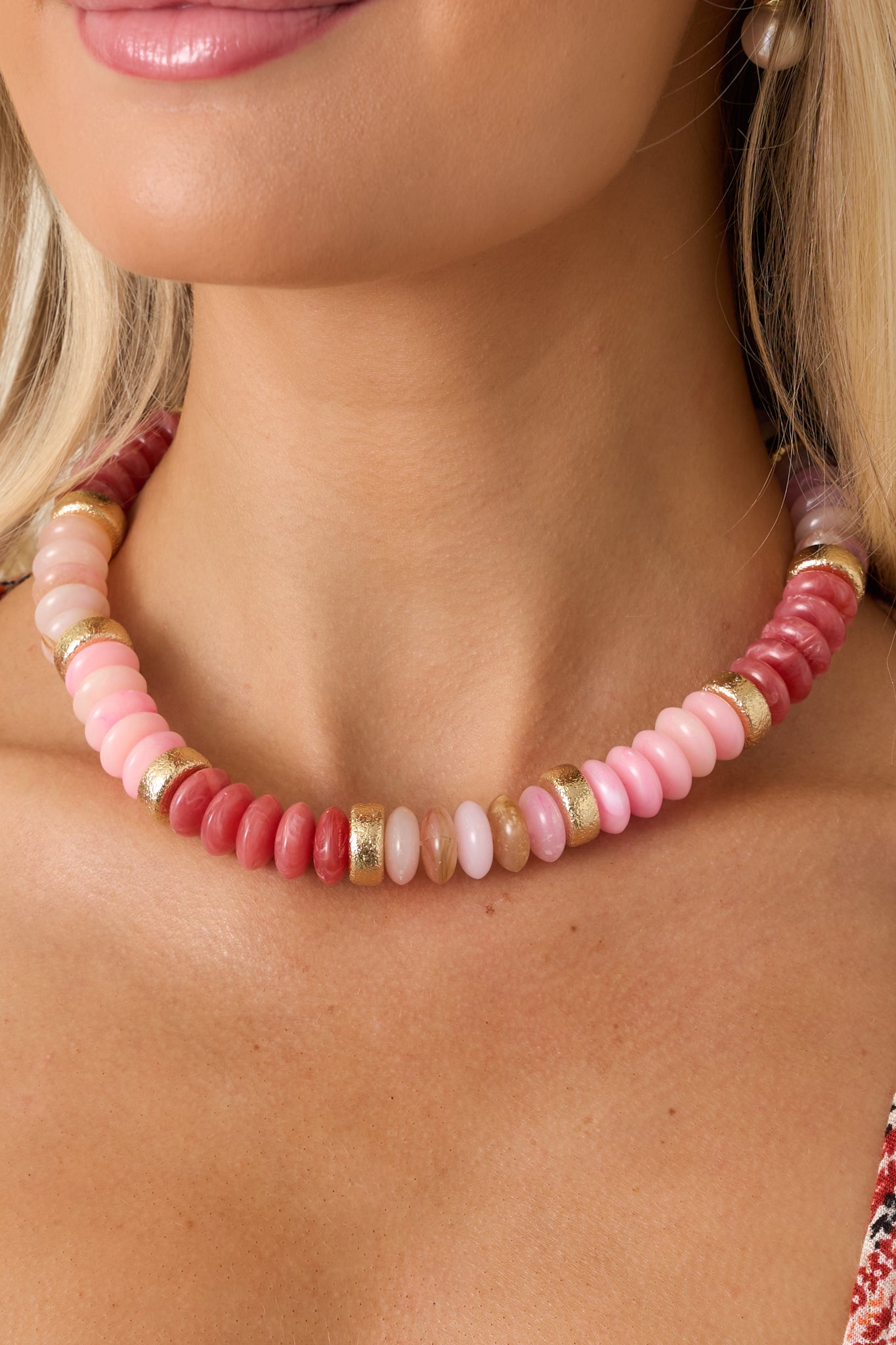 slim fit dress slacks Red Dress | Pink & Gold Beaded Necklace