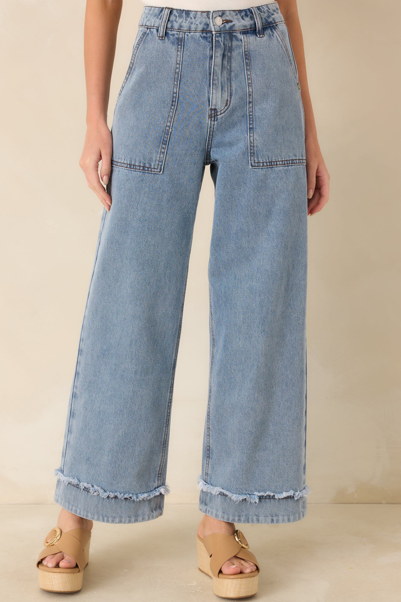 Light wash wide leg jeans, showcasing the relaxed fit and front pocket detailing.