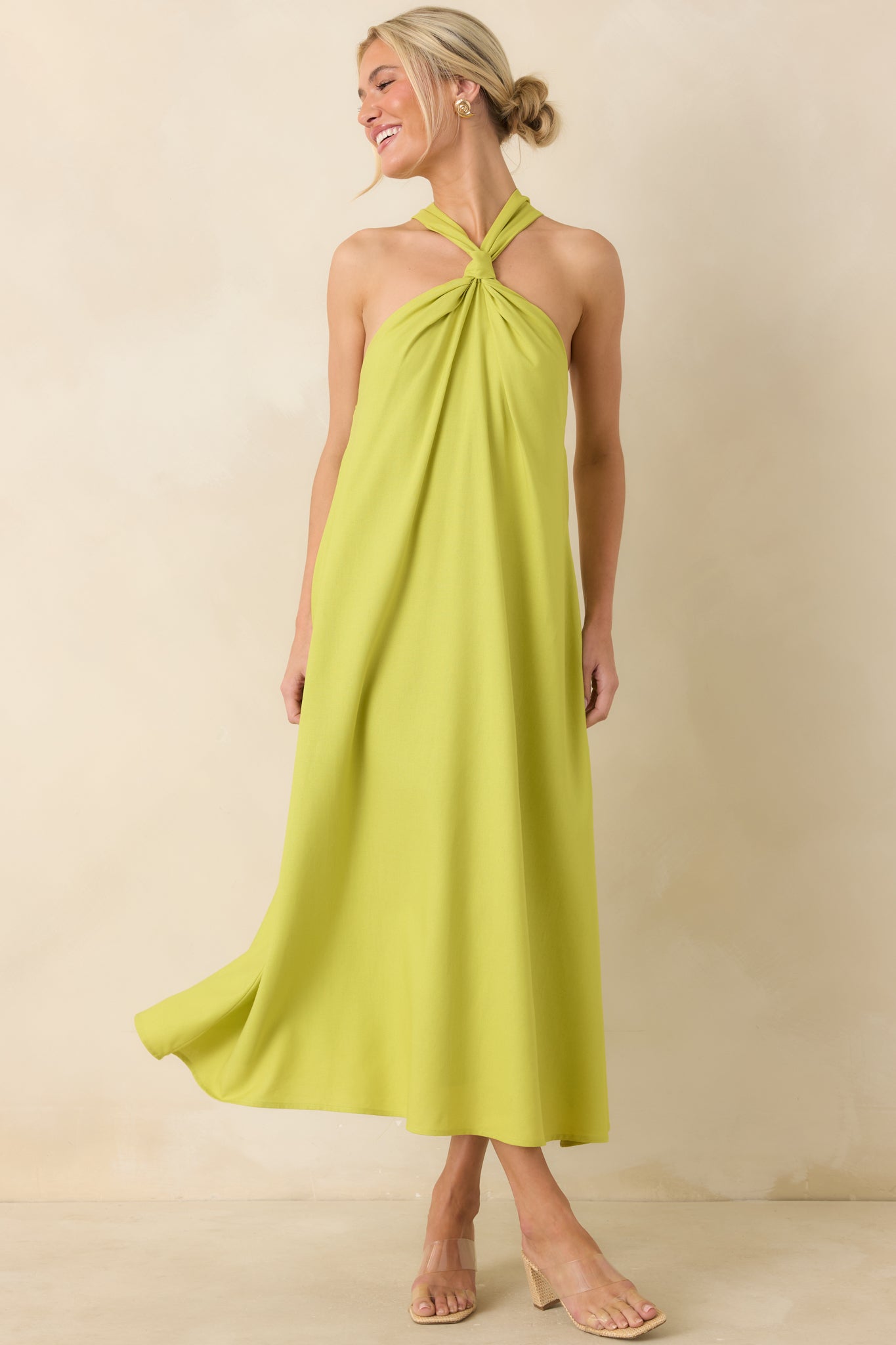 Women's Citrus Kisses Chartreuse Linen Blend Halter Midi Dress | Size: S | Red Dress Women's Citrus Kisses Chartreuse Linen Blend Halter Midi Dress | Size: S | Red Dress