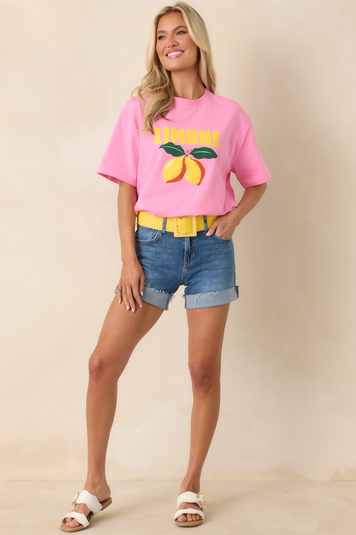 Soft cotton tee with vacation-inspired “Limone” print and loose, easy silhouette.