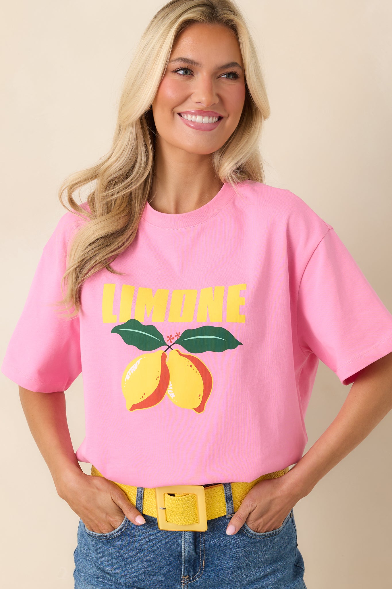 Vibrant cotton tee highlighting oversized fit and crew neckline.