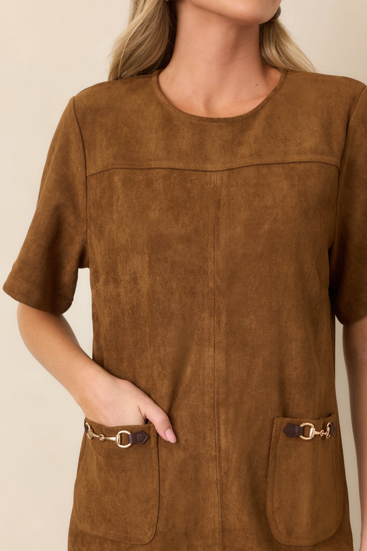 After the Derby Brown Faux Suede Horsebit Mini Dress