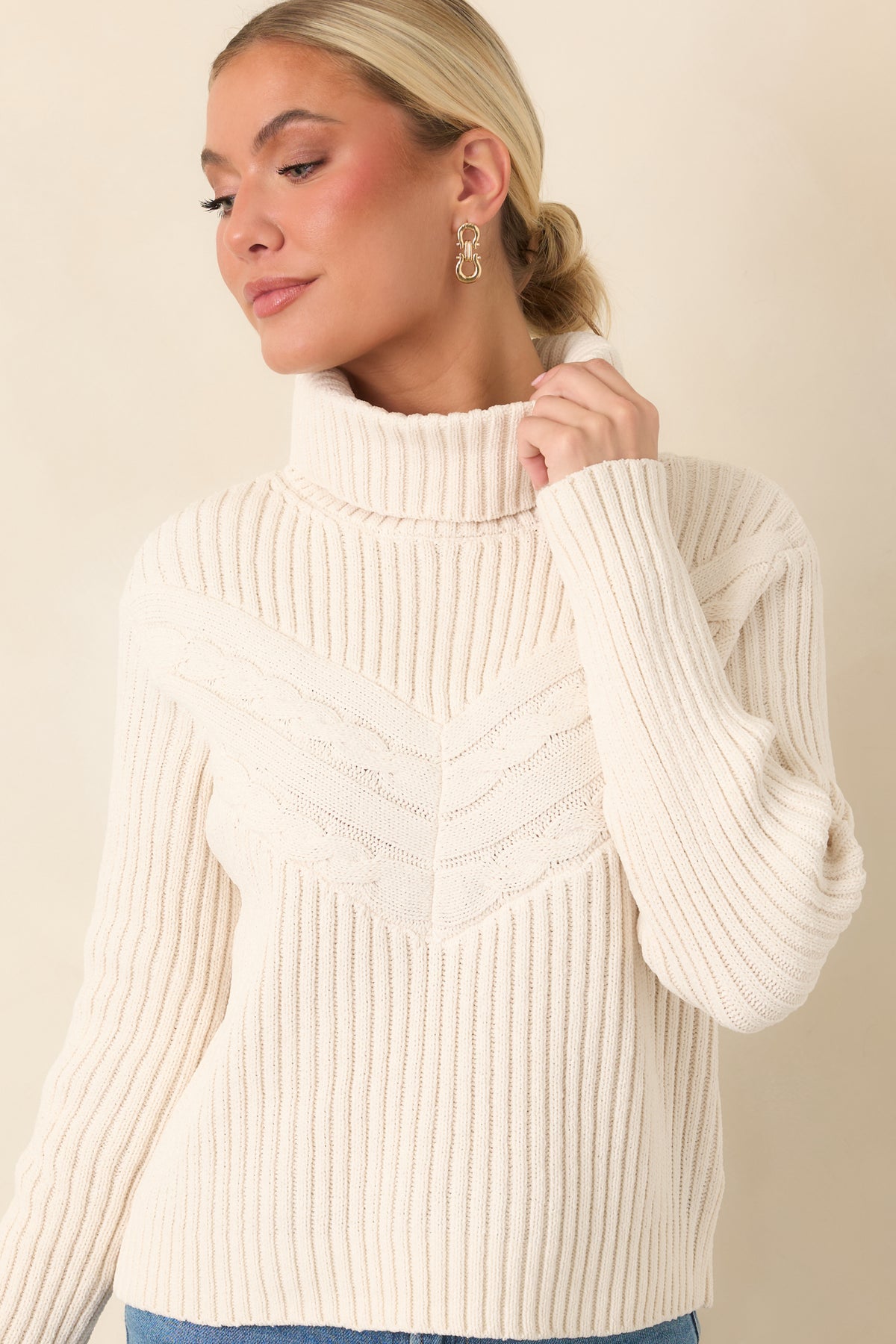 Stay Until Sunday Ivory Cable Detail Turtleneck Sweater