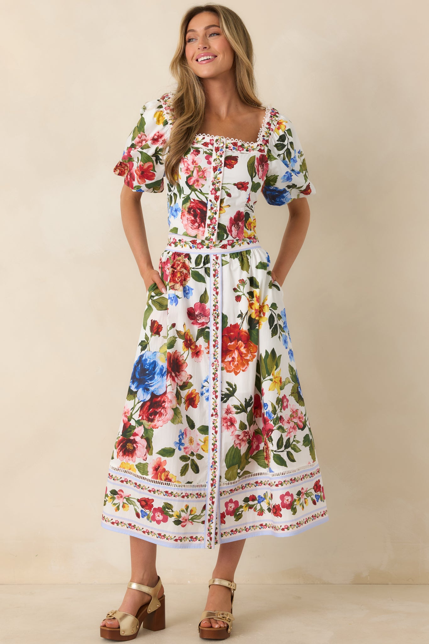 Full silhouette skirt with colorful floral print and structured waist.