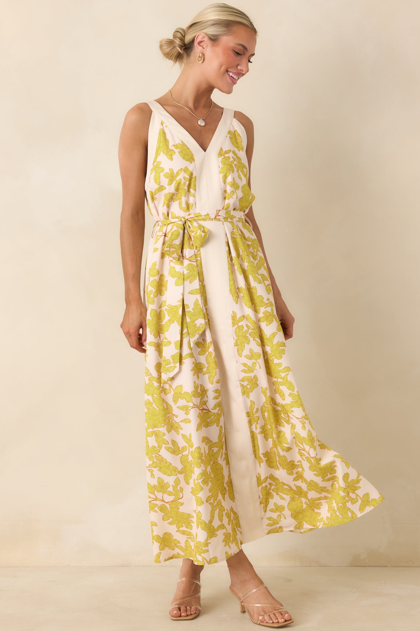 Living For It Light Green & Ivory Floral V-Neck Tie Belt Dress