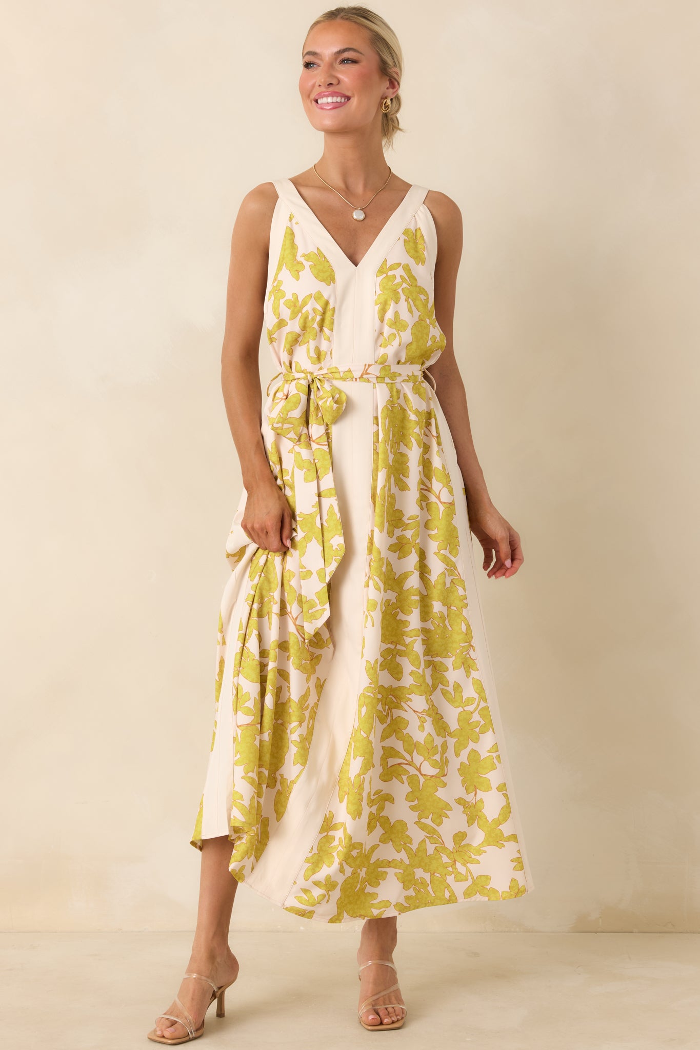 Living For It Light Green & Ivory Floral V-Neck Tie Belt Dress