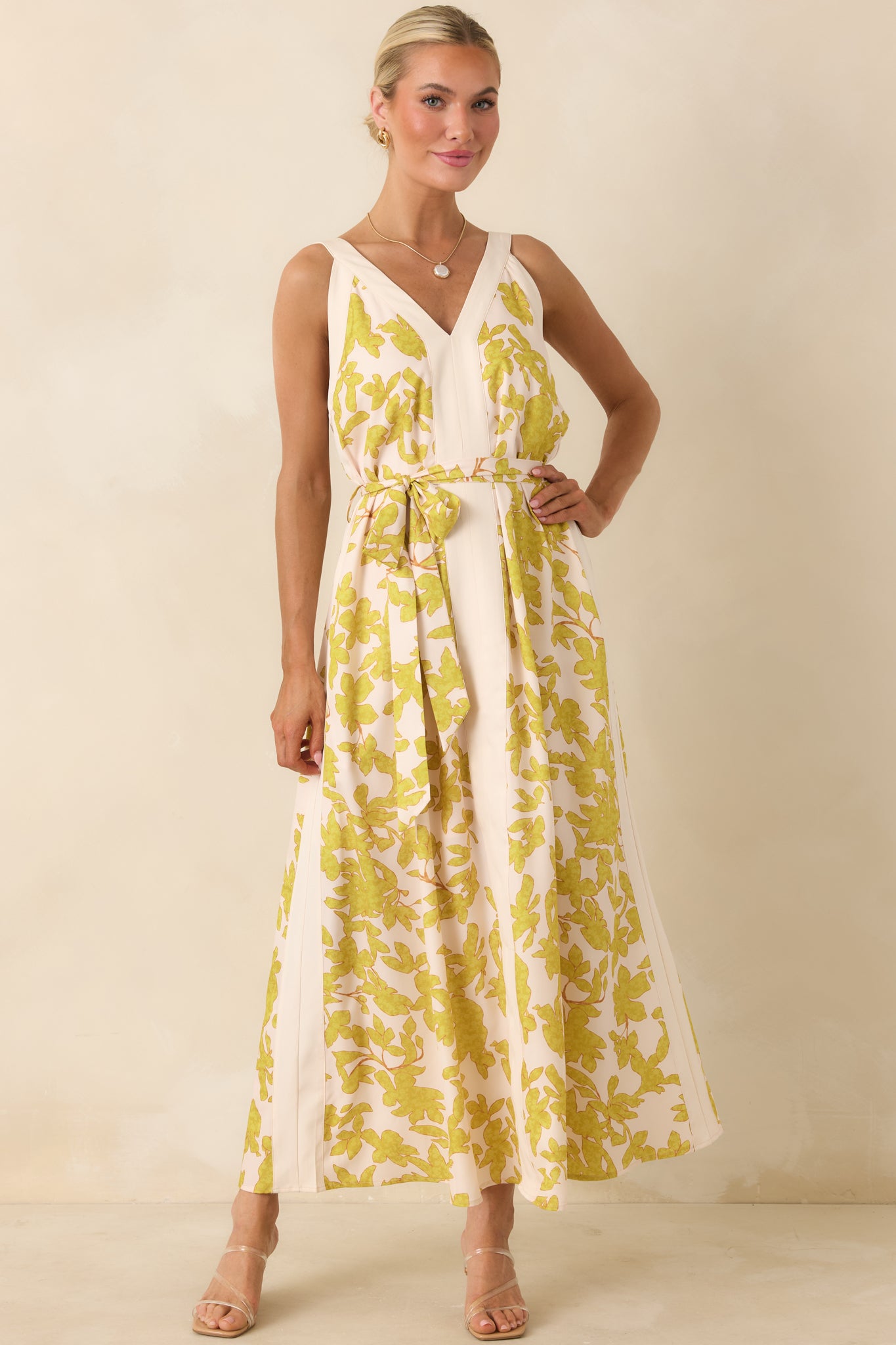 Living For It Light Green & Ivory Floral V-Neck Tie Belt Dress