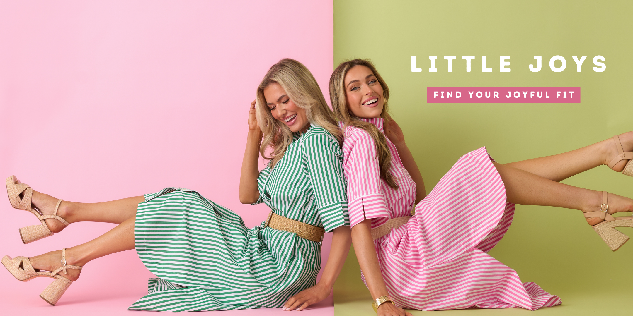 Two women in colorful, striped dresses, sitting on a pink and green background with 'Little Joys' branding.