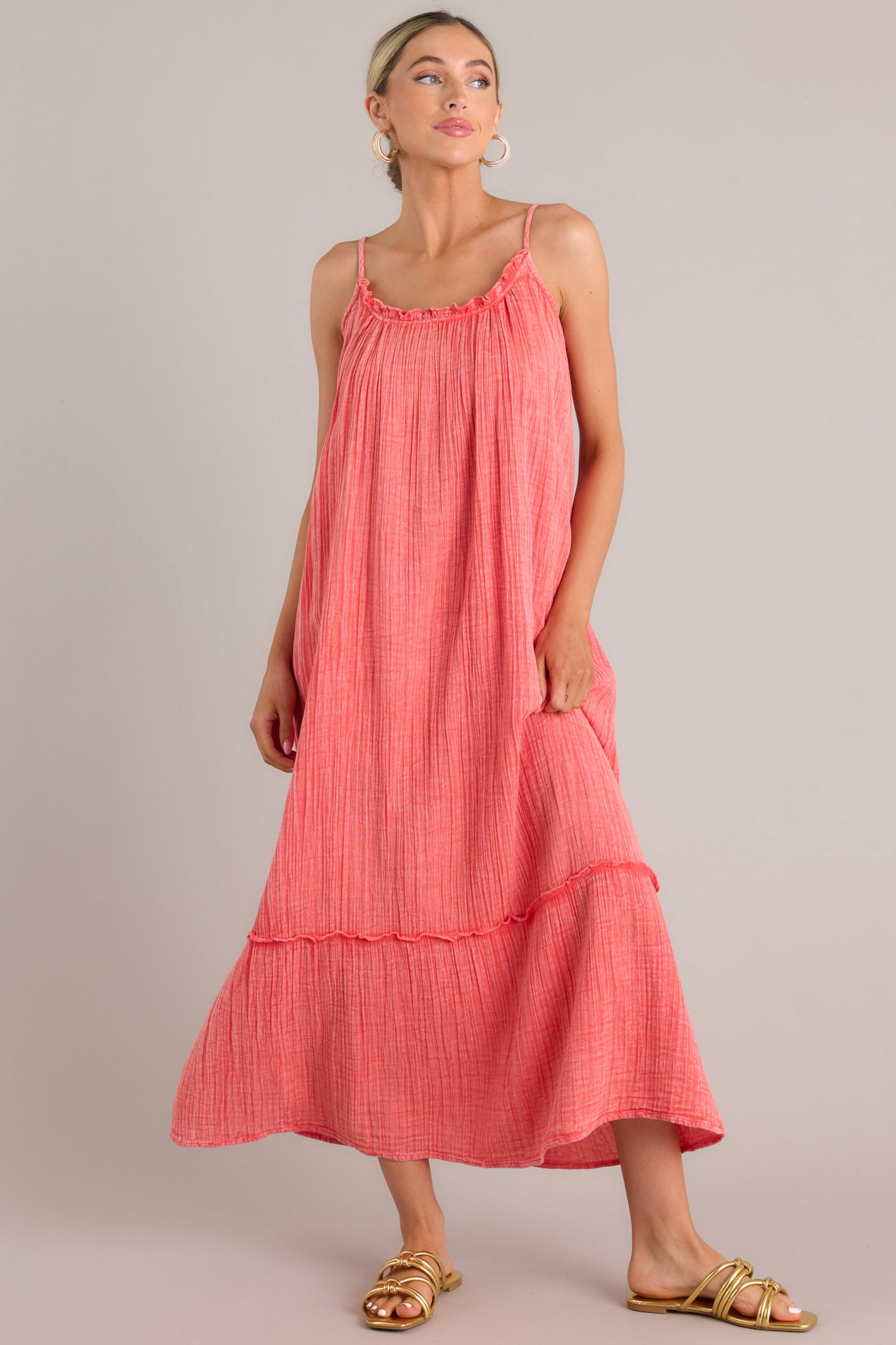 100% Cotton Coral Gauze Maxi Dress - All Dresses | Red Dress 100% Cotton Coral Gauze Maxi Dress - All Dresses | Red Dress