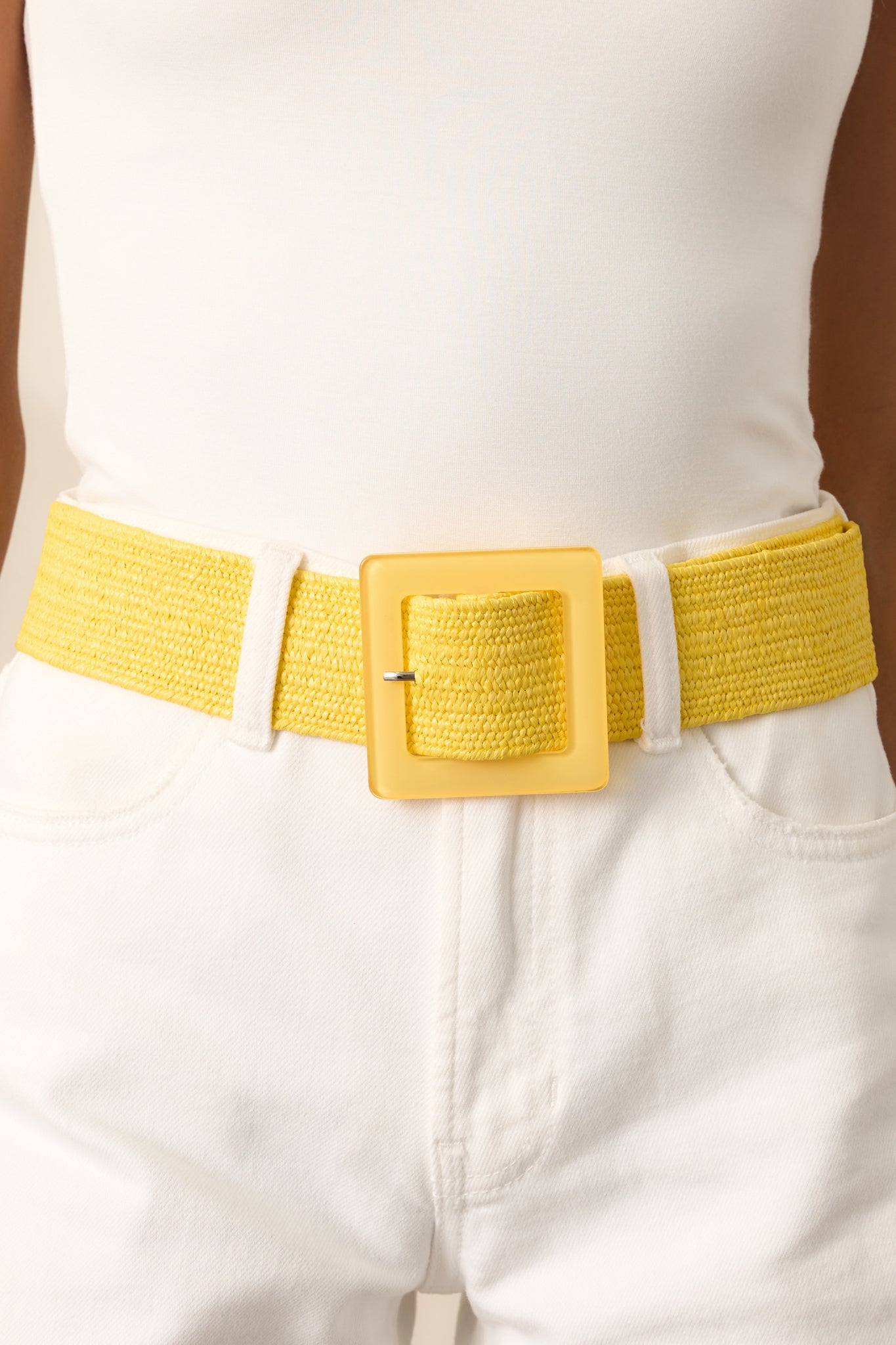 Close-up of the yellow acrylic square pin buckle and woven elastic texture, capturing the intricate weave and smooth buckle finish.