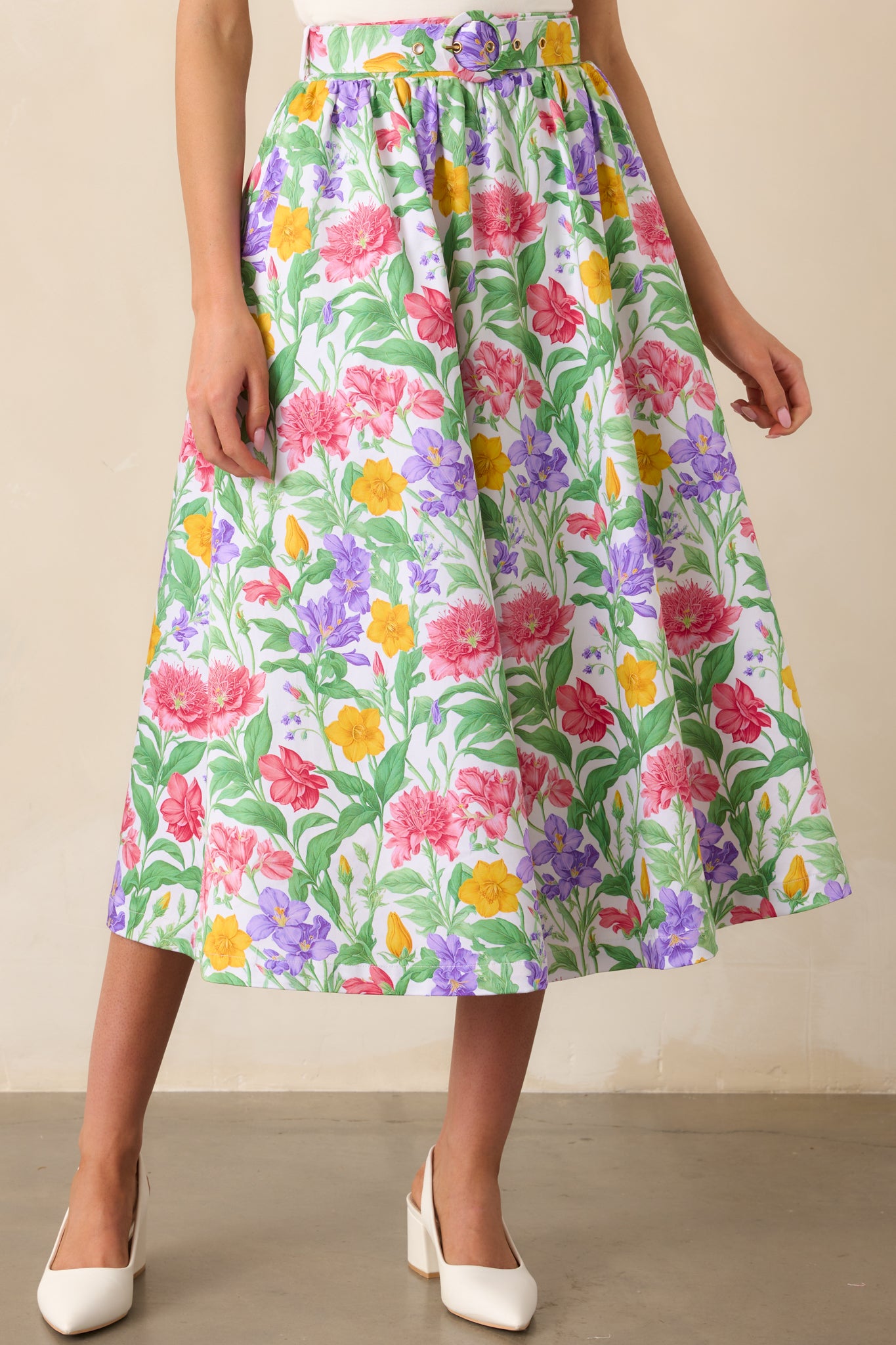 Detailed view of the Prosperina floral print, focusing on the bright colors and intricate pattern that make the skirt stand out.